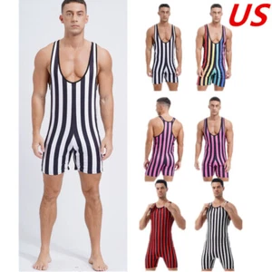 Men's Striped Wrestling Singlet Bodysuit Weight Lifting One Piece Swimsuit - Picture 1 of 71