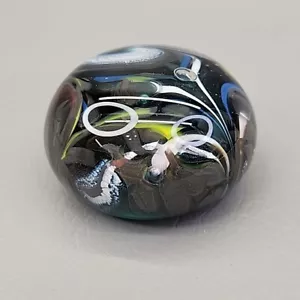 Handblown Art Glass Paperweight Dark Green Multicolor Swirls Bubbles 3" - Picture 1 of 7