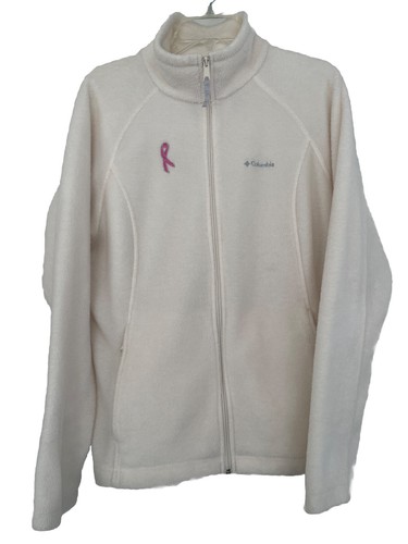 OFF WHITE Giacca Columbia donna XL bianco sporco pile consapevolezza cancro al seno full zip