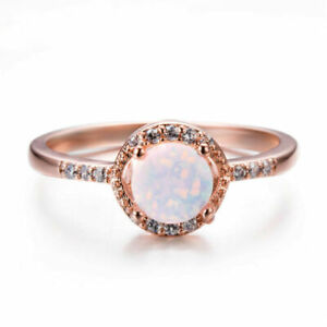 Women Classic Cut White Fire Opal CZ Rose Gold Wedding Ring Jewelry Gifts