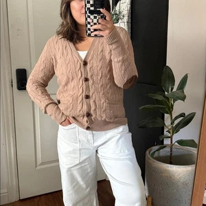 Vintage Polo Ralph Lauren Leder Knopfleiste Wolle vorne Zopfmuster Strickjacke. M - Bild 1 von 11