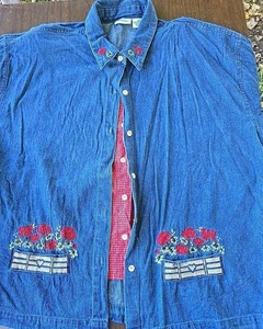 Vintage 90s Cabin Creek Denim Embroidered Button Down Blouse Size 2X - Picture 1 of 13