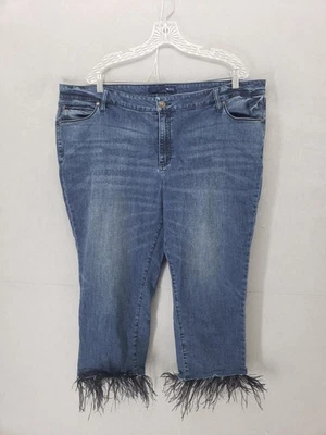 Jeans feminino jeans 24/7 22W azul cropped pena franja bainha elástica plus size - Imagem 1 de 4