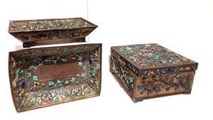 Chinese Copper Cloisonné Enamel Box and Trays smoke Set - Picture 1 of 21
