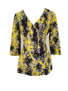 Wrap Top Size S Black Grey Yellow Stretch 3/4 Sleeves Tie Belt Animal - Picture 1 of 8