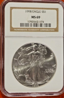 1998 MS69 SILVER EAGLE CLASSIC BROWN LABEL NGC * - Image 1 of 2