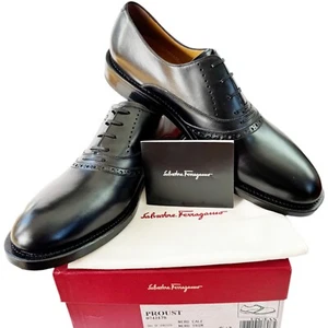 Ferragamo Men's 11 D TRAMEZZA Black Leather Round Toe Welted Oxford Dress Shoes - Picture 1 of 6