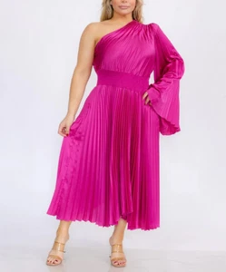 Plus Size One Shoulder Long Bell Sleeve Smock Waist Pleated Midi Dress Magenta - Picture 1 of 14