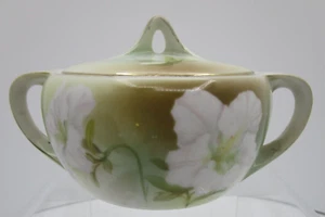 RS GERMANY Porcelain White Roses Round Sugar Bowl & Cover 1914-1945 ANTIQUE - Picture 1 of 7