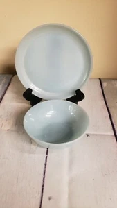 2 FIRE KING ANCHOR HOCKING TURQUOISE DELPHITE BLUE RARE 6" PLATE & BOWL - Picture 1 of 9