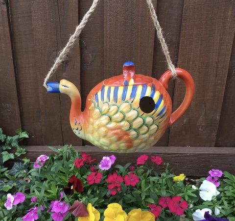 Birdhouse yellow orange goose teapot outdoor garden decor glass hanging Cover