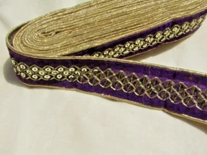 Handmade Embroidered Lace Indian Floral Braid Trim, Blue Velvet Ribbon, 3 Yards. - Picture 1 of 3