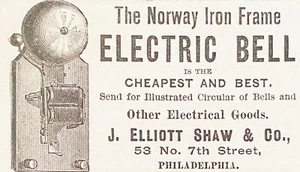 1890Norvegia cornice ferro CAMPANA ELETTRICA stampa antica pubblicità ~ J Elliott Shaw Philadelphia - Foto 1 di 3