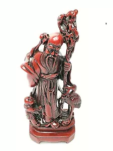 Statuina immortale cinese vintage in resina rossa con bambino e gru da... - Foto 1 di 6