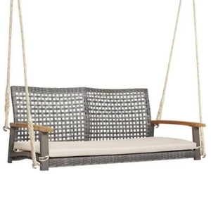 Costway Porch Swing 800-lb Weight Cap. Weather Resistant Gray Wood W/ Cushion - Picture 1 of 9