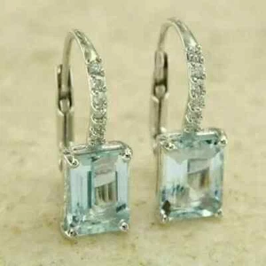 4Ct Emerald Lab Created Aquamarine Drop & Dangle Earrings 14K White Gold Plated - Picture 1 of 5