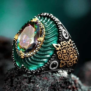 925 Sterling Silver Green Zircon Stone Mystic Topaz Handmade Men's Ring - Picture 1 of 5