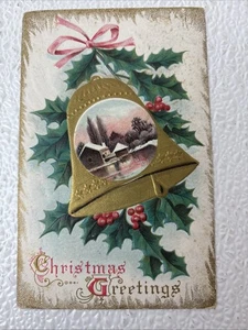 Postkarte mit geteilter Rückseite um 1910 Weihnachtsgruß Goldglocke geprägt Weihnachtskarte - Bild 1 von 2