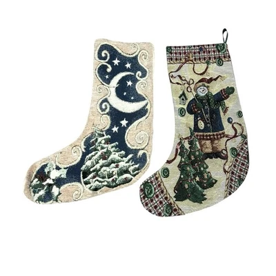 Tecido de tapeçaria vintage Natal meia boneco de neve casa de campo conjunto de 2 - Imagem 1 de 4