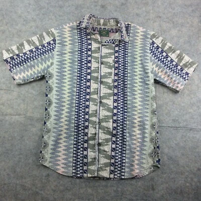 Bush Pilot Country Shirt Mens Medium Green Pink Blue Tribal Made in USA - Image 1 of 4