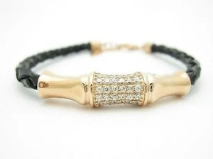 18KT ROSE STERLING SILVER DIAMOND SET SAPPHIRE UNIQUE LEATHER BANGLE BRACELET - Picture 1 of 1