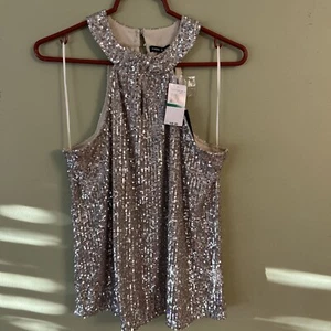 NWT Cable and Gauge Women's Sz L Silver Sequin Lined Sleeveless Halter - Picture 1 of 7