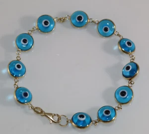 Fab! 14K Solid Yellow Gold Blue Color Evil Eye Bracelet 7 Grams - Picture 1 of 8