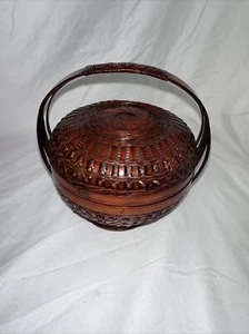 Vintage CHINESE WEDDING ? BASKET Woven Bamboo with Handle Cute Design 6" Tall - Picture 1 of 9