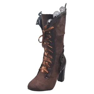 Damen Viktorianisch Mittelhohe Stiefel Schnürung Runde Zehe Weinlese Gotisch ... - Bild 1 von 7