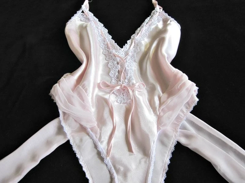 Vintage Slinky Pink Satin Teddy M White Lace Chiffon Sash Lady Cameo of Dallas - Image 1 of 4