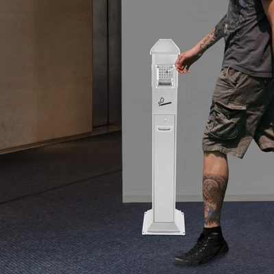 Cubo de basura vertical de metal colillas de cigarrillos ceniza exterior contenedor de basura plateado Foto 1 de 4