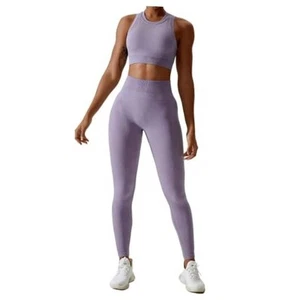 Womens Seamless Workout Sets Racerback Sports Bra Crop Tank Top Medium Purple - Picture 1 of 5