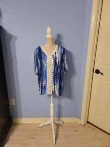 Blusa donna blu e bianca manica corta scollo a V Tacera taglia small - Foto 1 di 7