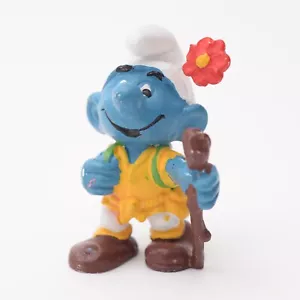 Vintage Peyo Hiker Rambler Smurf Figure Walking Stick & Flower - Foto 1 di 3