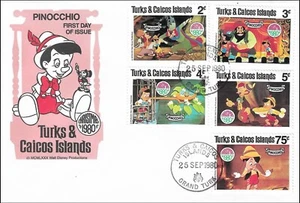 The Adventures of Pinocchio Stamp Set Disney Turks & Caicos Islands FDC 1980 - Picture 1 of 1