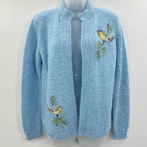 Vintage LeRoy handgestrickt Boucle Vogel Strickjacke Pullover M blau Oma skurril - Bild 1 von 7