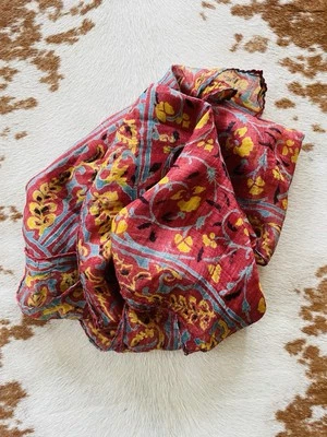 Vintage Boho Festival Batik Floral Print Silk Scarf - image 1 of 4