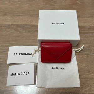 BALENCIAGA Paper Mini Wallet Red Leather Compact Tri-fold Women W/Box Authentic - Picture 1 of 14