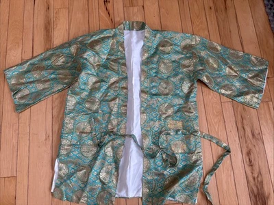 De Colección Kimono Japonés Bata Ceremonial Vestido Abrigo Forrado Seda Años 50 Turquesa Dorado Foto 1 de 4