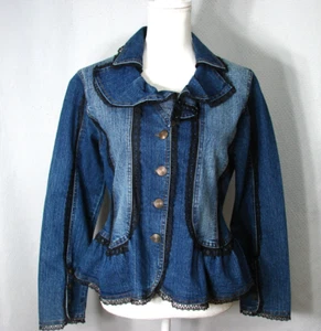 New Identity Blue Jean Denim Jacket Black Lace Ruffles Renaissance Victorian S - Picture 1 of 8