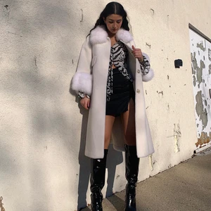 Women Woolen Cloth With Real Vulpes Fox Fur Cuff Coat Jacket Overcoat Outerwears - Picture 1 of 6