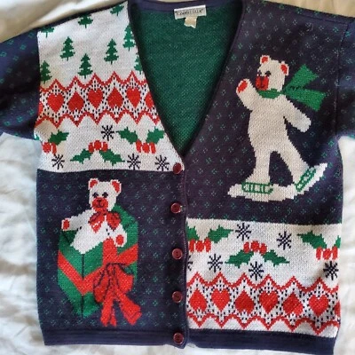 Ugly Christmas Sweater Cardigan Holiday Bear Cabin Creek Size L Blue Green Red - Изображение 1 из 4