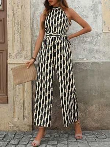Black & Cream Printed Tie Waist & Grecian Neck Jumpsuit - Picture 1 of 6
