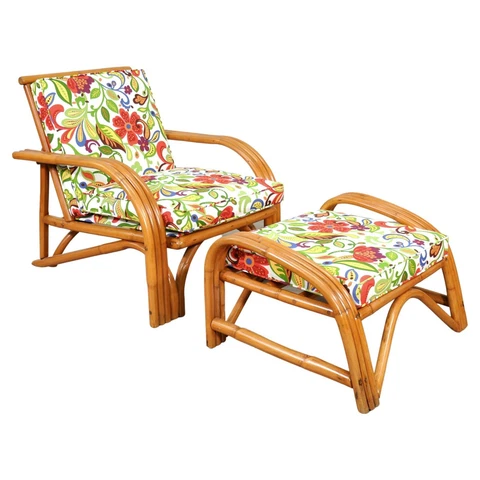 Mid-Century Rattan Lounge Chair and Ottoman with Josef Frank Style Fabric 1940s Cover