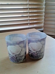 Glass Tealight Set (2) with White Rose Pattern Glossy Material  - Picture 1 of 4