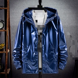 Metallic Jacket for Men's Solid Zipper Sparkle Shiny Hooded Windbreaker Casual - Picture 1 of 16
