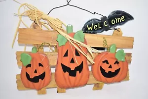Halloween Jack O Laternen geschnitzter Kürbis mit Fledermaus Willkommen Türschild mit Etikett - Bild 1 von 5