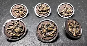 6 ANTIQUE SHANK BUTTONS : GOLDEN CHERUB ON LION, ON WOOD?, SILVER TONE RIM D454 - Picture 1 of 21