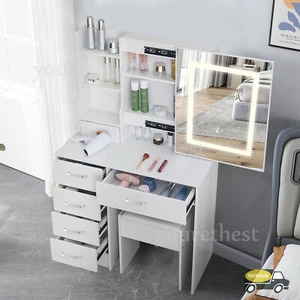 White Dressing Table With Makeup Mirror And Stool 6 Drawers Vanity Desk Bedroom - Picture 1 of 11