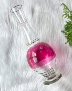 Vintage Pink Cranberry Gold Gilding Etch Glass Atomic Star Bulb Vase Mid Century - Picture 1 of 7